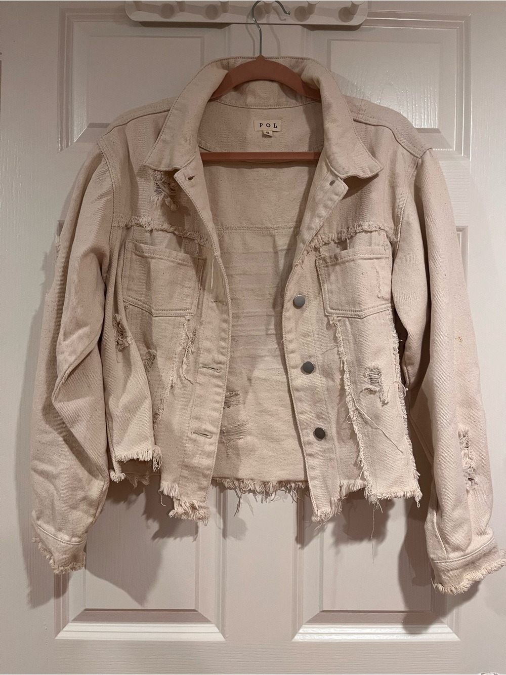 POL Raw-Edge Distressed Cream Jean Jacket